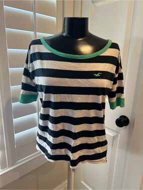 Hollister Black & White Striped Tee with Green Trim